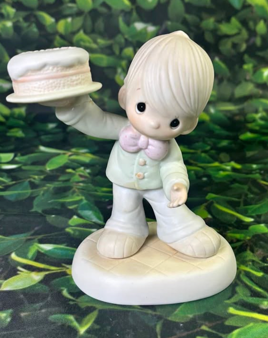 Precious Moments “This Is The Day Which The Lord Has Made” – 1985 Enesco – Boy with Cake – Repaired