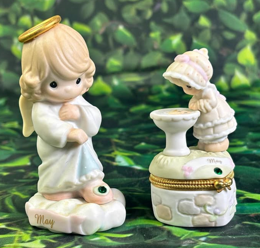 Precious Moments “May Birthstone” Collector Duo – Angel Figurine + Trinket Box